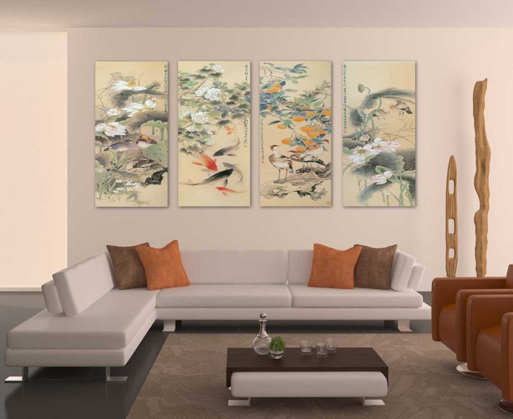 4-Panel-Huge-Chinese-Art-Koi-Fish-Oil-Painting-font-b-Peony-b-font-and-Lotus